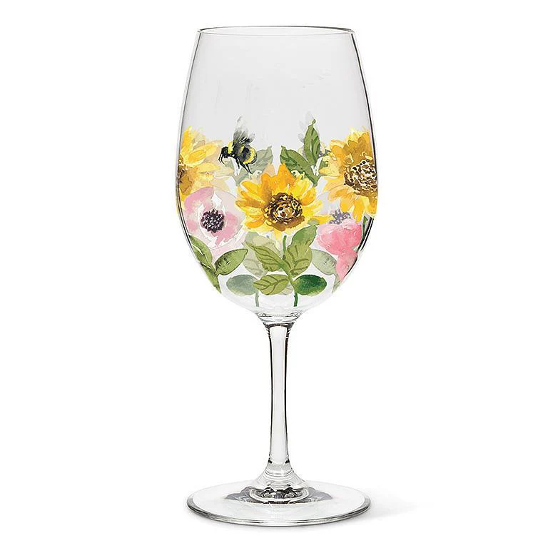 Wine Glass, Sunflowers & Bees