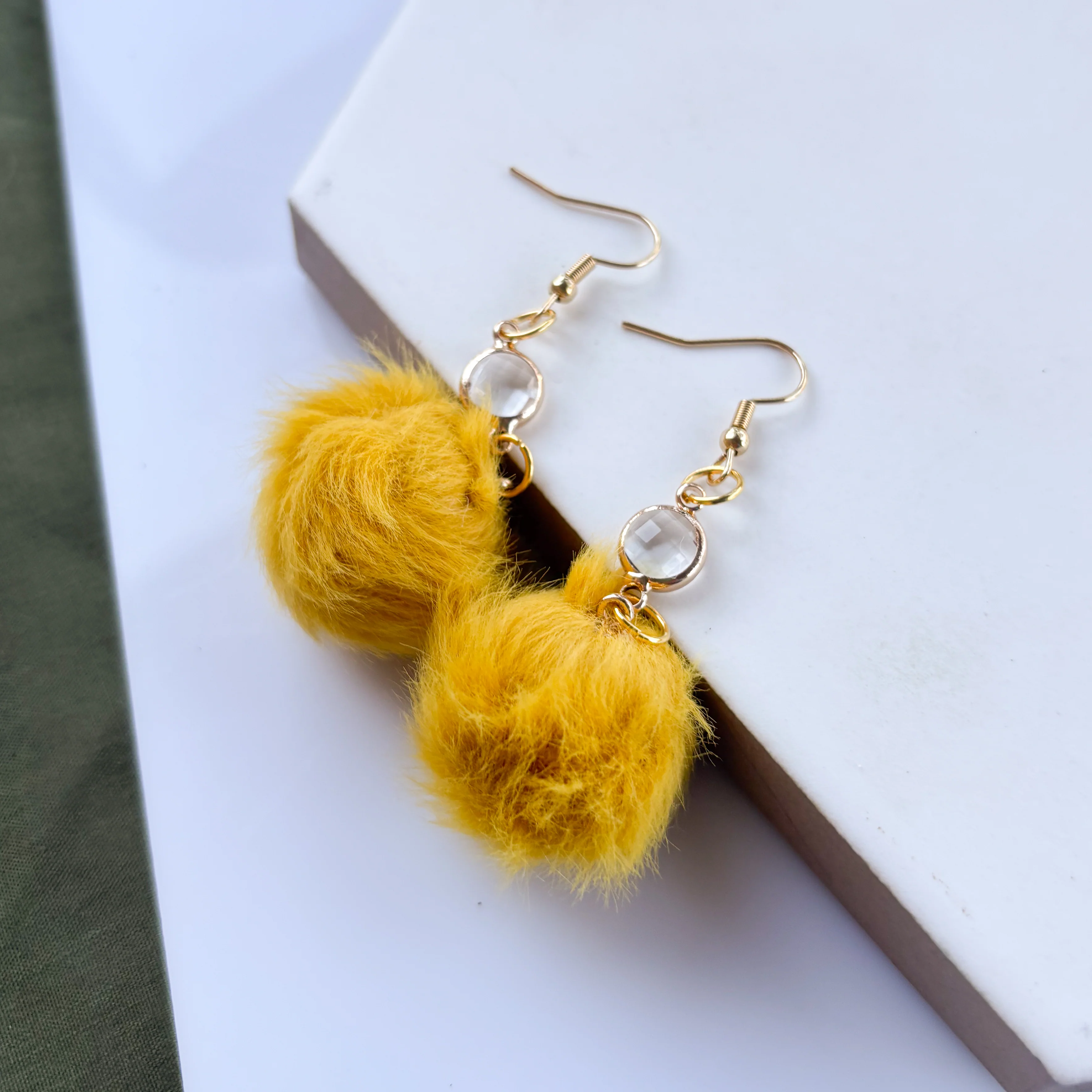 YELLOW POM POM & GEM EARRINGS - Image 2