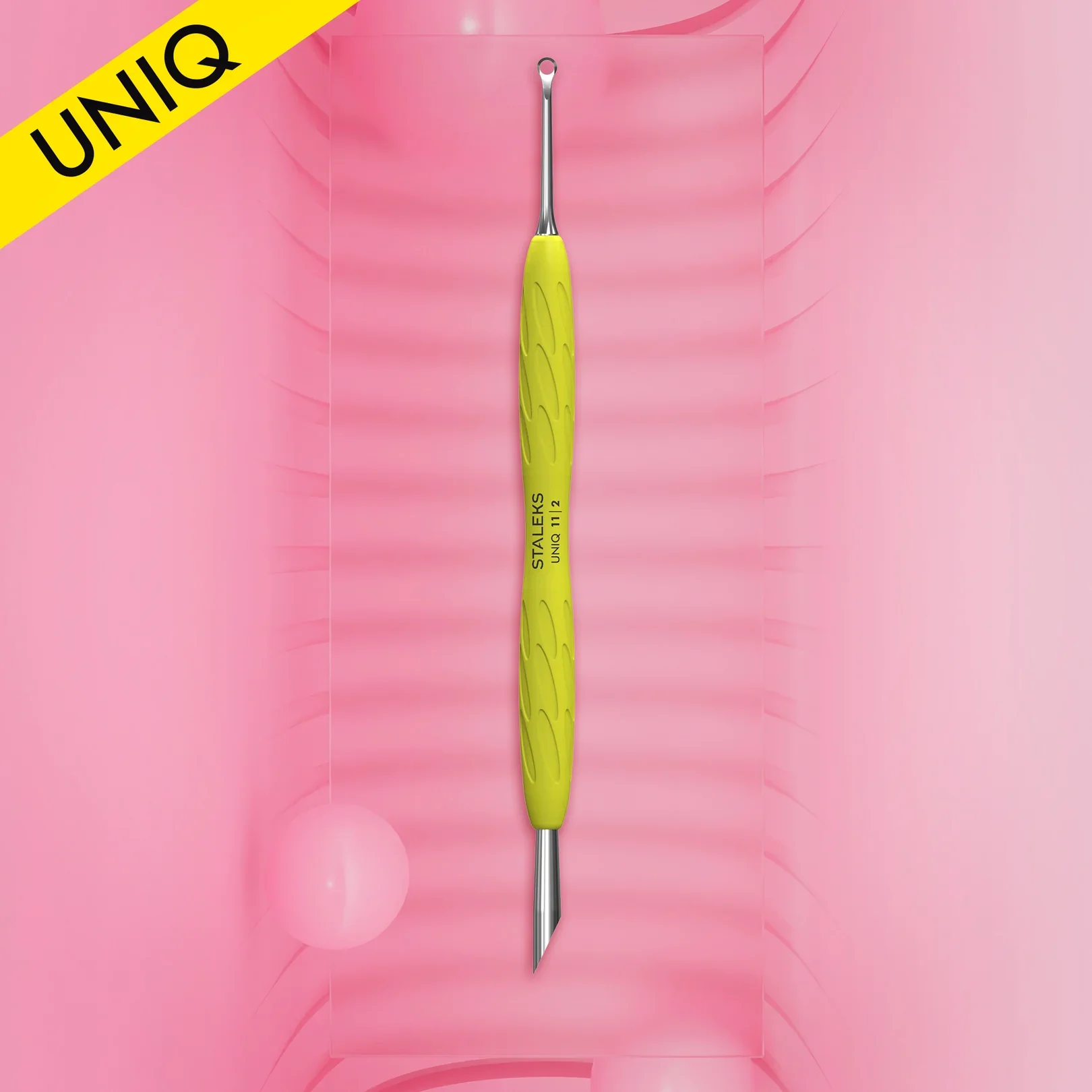 Manicure Pusher With Silicone Handle "Yellow" UNIQ 11 TYPE 2 (Slanted Pusher + Ring) PQ-11/2y STALEKS - Image 3