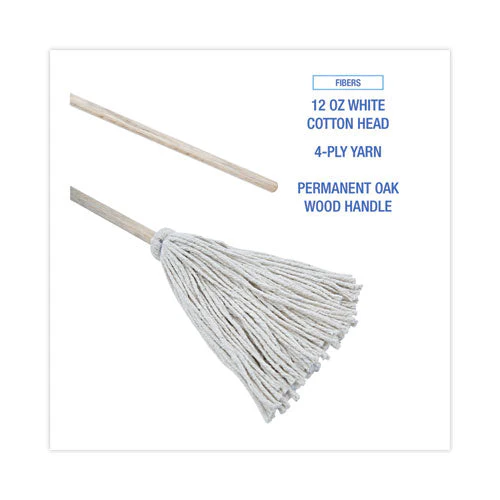 Handle/deck Mops, #12 White Cotton Head, 48" Natural Wood Handle, 6/pack - Image 2