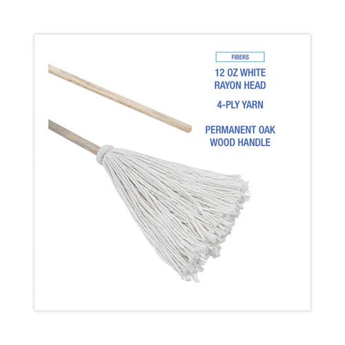 Handle/deck Mops, #12 White Rayon Head, 48" Natural Wood Handle, 6/pack - Image 3