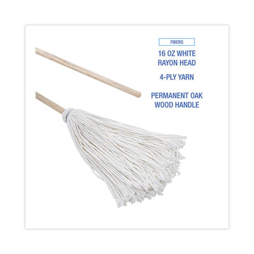 Handle/deck Mops, #16 White Rayon Head, 48" Natural Wood Handle - Image 3