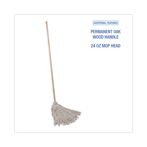 Handle/deck Mops, #24 White Cotton Head, 54" Natural Wood Handle, 6/pack - Image 3