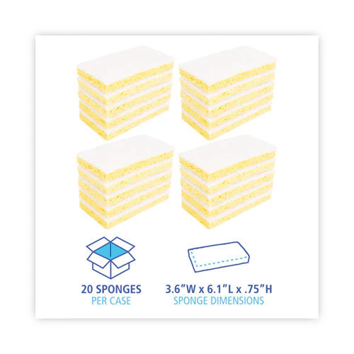Scrubbing Sponge, Light Duty, 3.6 X 6.1, 0.7" Thick, Yellow/white, Individually Wrapped, 20/carton - Image 2