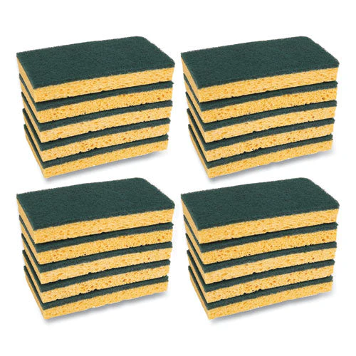 Scrubbing Sponge, Medium Duty, 3.6 X 6.1, 0.75" Thick, Yellow/green, Individually Wrapped, 20/carton - Image 1
