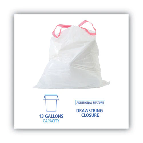 Drawstring Kitchen Bags, 13 Gal, 0.8 Mil, White, 50 Bags/roll, 2 Rolls/carton - Image 3
