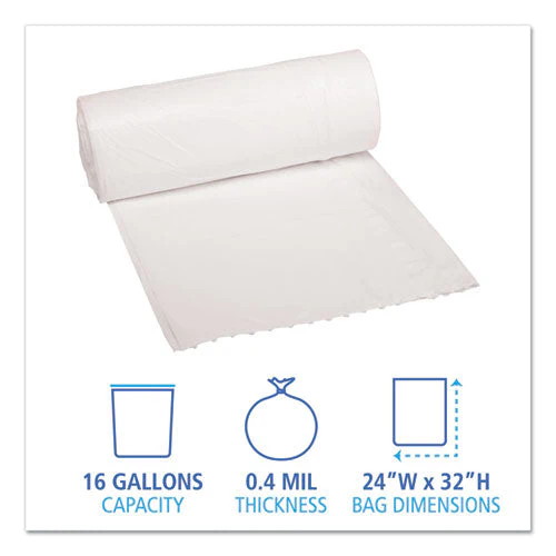 Low-density Waste Can Liners, 16 Gal, 0.4 Mil, 24" X 32", White, 25 Bags/roll, 20 Rolls/carton - Image 2