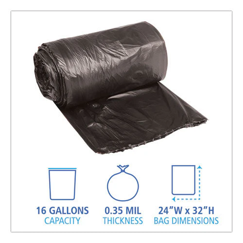 Low-density Waste Can Liners, 16 Gal, 0.35 Mil, 24" X 32", Black, 50 Bags/roll, 10 Rolls/carton - Image 3