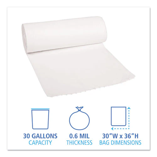 Low-density Waste Can Liners, 30 Gal, 0.6 Mil, 30" X 36", White, 25 Bags/roll, 8 Rolls/carton - Image 3