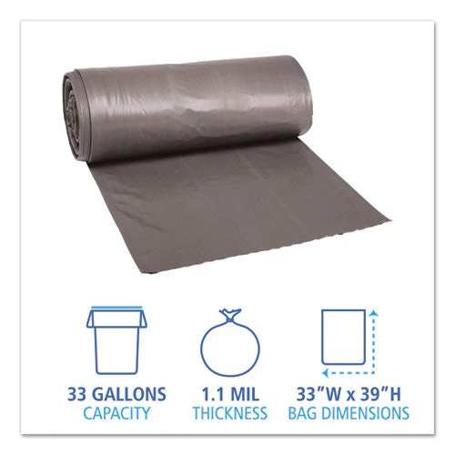 Low-density Waste Can Liners, 33 Gal, 1.1 Mil, 33" X 39", Gray, 25 Bags/roll, 4 Rolls/carton - Image 2