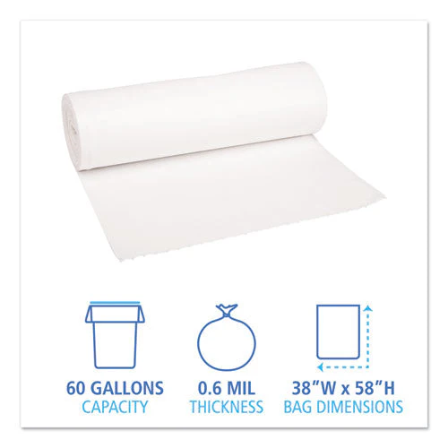 Low-density Waste Can Liners, 60 Gal, 0.6 Mil, 38" X 58", White, 25 Bags/roll, 4 Rolls/carton - Image 3