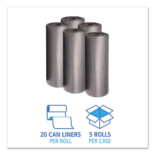 Low-density Waste Can Liners, 60 Gal, 1.1 Mil, 38" X 58", Gray, 20 Bags/roll, 5 Rolls/carton - Image 2