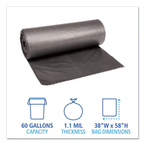 Low-density Waste Can Liners, 60 Gal, 1.1 Mil, 38" X 58", Gray, 20 Bags/roll, 5 Rolls/carton - Image 3