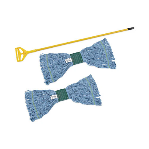 Looped End Mop Kit, Medium Blue Cotton/rayon/synthetic Head, 60" Yellow Metal/polypropylene Handle - Image 1