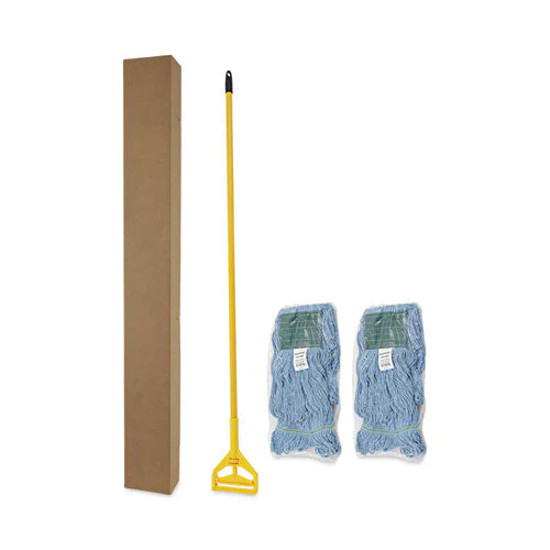 Looped End Mop Kit, Medium Blue Cotton/rayon/synthetic Head, 60" Yellow Metal/polypropylene Handle - Image 2