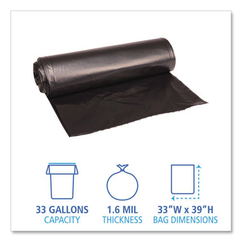 Recycled Low-density Polyethylene Can Liners, 33 Gal, 1.6 Mil, 33" X 39", Black, 10 Bags/roll, 10 Rolls/carton - Image 2