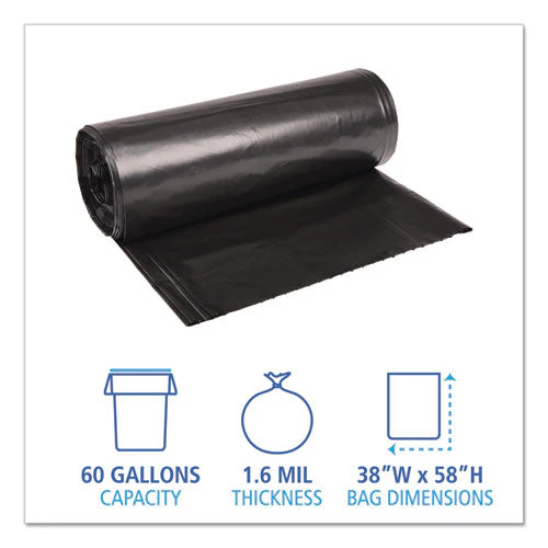 Recycled Low-density Polyethylene Can Liners, 60 Gal, 1.6 Mil, 38" X 58", Black, 10 Bags/roll, 10 Rolls/carton - Image 3
