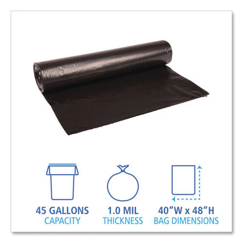 Recycled Low-density Polyethylene Can Liners, 45 Gal, 1 Mil, 40" X 48", Black, 10 Bags/roll, 10 Rolls/carton - Image 2