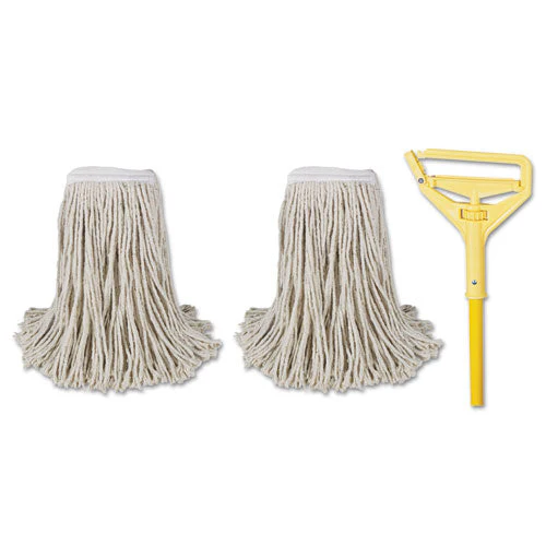 Cotton Cut End Mop Kit, #24 Natural Cotton Head, 60" Yellow Metal/plastic Handle - Image 1