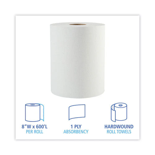 Hardwound Paper Towels, 1-ply, 8" X 600 Ft, White, 2" Core, 12 Rolls/carton - Image 2