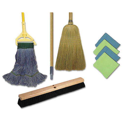 Cleaning Kit, Medium Blue Cotton/rayon/synthetic Head, 60" Natural/yellow Wood/metal Handle - Image 1