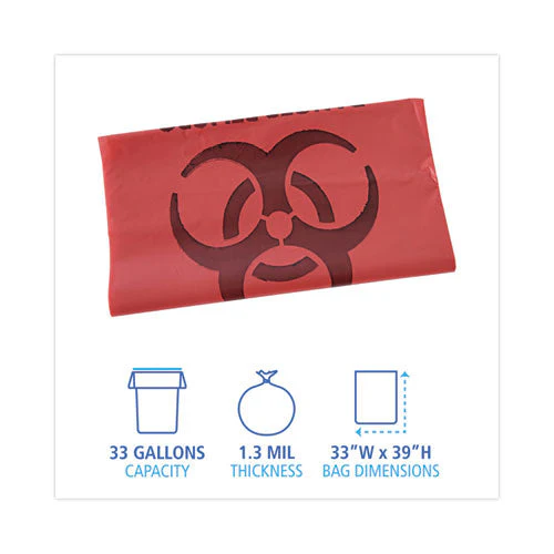 Linear Low Density Health Care Trash Can Liners, 33 Gal, 1.3 Mil, 33 X 39, Red, 150/carton - Image 3