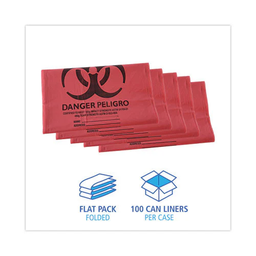 Linear Low Density Health Care Trash Can Liners, 45 Gal, 1.3 Mil, 40 X 46, Red, 100/carton - Image 3