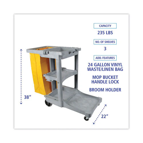 Janitor's Cart, Plastic, 4 Shelves, 1 Bin, 22" X 44" X 38", Gray - Image 3