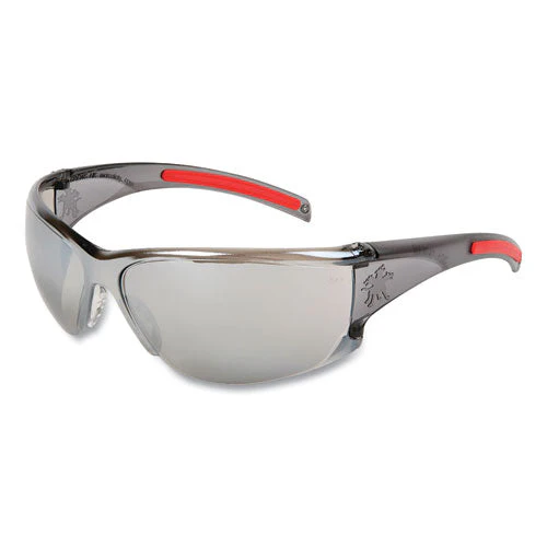 Hk1 Series Safety Glasses, Wraparound, Scratch-resistant, Silver Mirror Lens, Smoke/red Frame - Image 1