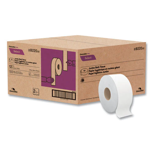 Select Jumbo Roll Jr. Tissue, 2-ply, White, 3.5" X 750 Ft, 12 Rolls/carton - Image 3