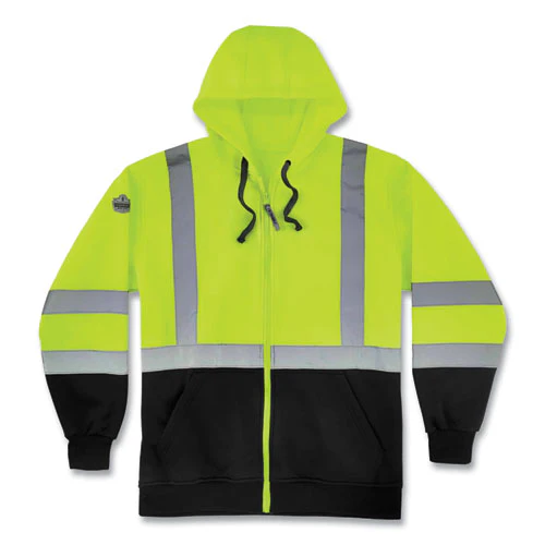 Glowear 8372 Zipup Hivis Class 3 Zip Hood Sweatshirt W/ Black Bottom, Polar Fleece, Lime, Medium, Ships In 1-3 Business Days - Image 1