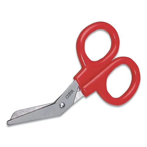 Angled First Aid Kit Scissors, Rounded Tip, 4" Long, 1.5" Cut Length, Red Offset Handle - Image 1