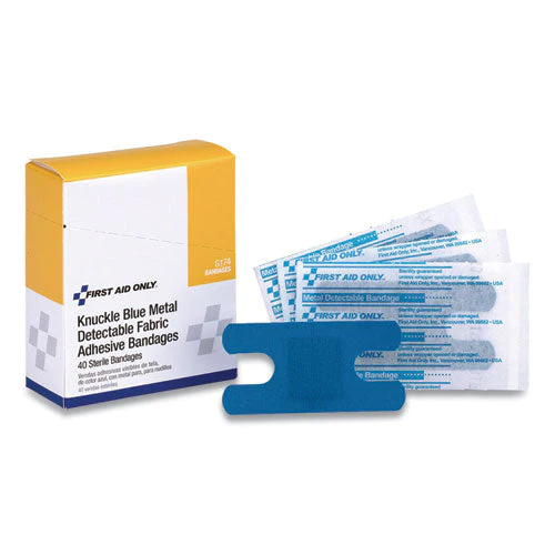 Blue Metal Detectable Fabric Adhesive Bandages, Four-wing Knuckle, 1.5 X 3, 40/box - Image 1