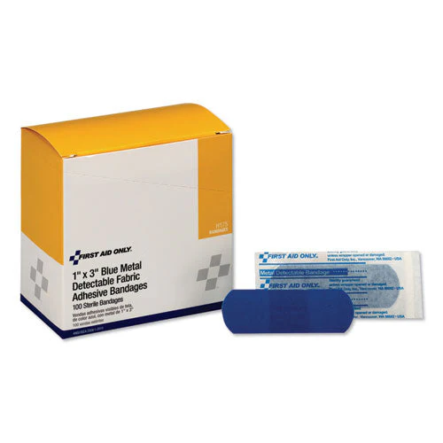 Adhesive Blue Metal Detectable Bandages, 1 X 3, Plastic With Foil, 100/box, 12 Boxes/carton - Image 1