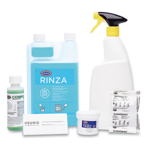 Bean To Cup Brewer Deep Cleaning Kit, 4oz Complete Cafe, (3) 32oz Rinza, (12)tabz Z61, (3) Supergrindz A01, Spray Bottle - Image 1