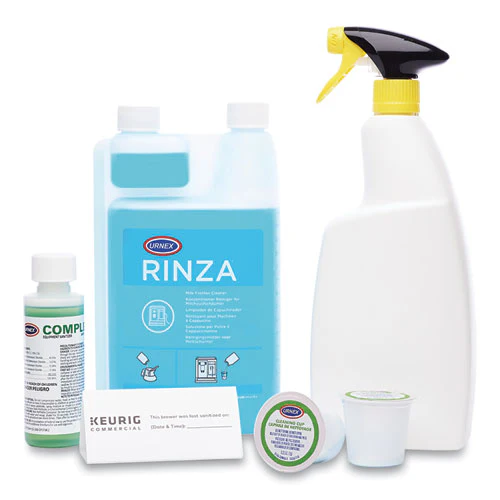 K-cup Pod Brewer Deep Cleaning Kit, 4 Oz Complete Cafe, (3) 32oz Rinza, (15) K-cup Cleaning Cups, Empty Spray Bottle - Image 1