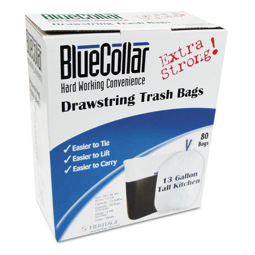 Drawstring Trash Bags, 13 Gal, 0.8 Mil, 24" X 28", White, 40 Bags/roll, 2 Rolls/box - Image 1