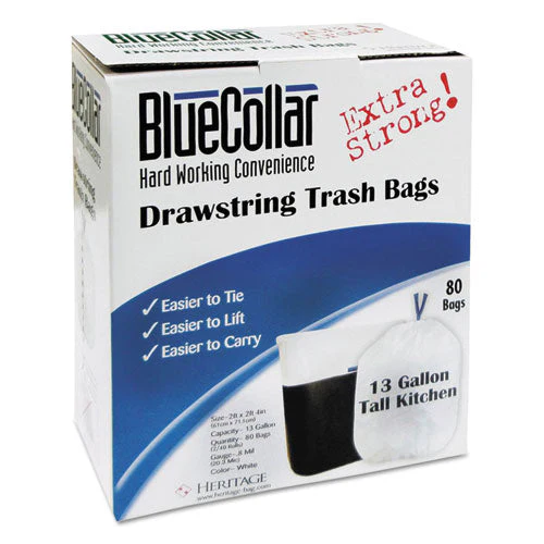 Drawstring Trash Bags, 13 Gal, 0.8 Mil, 24" X 28", White, 80 Bags/box, 6 Boxes/carton - Image 1