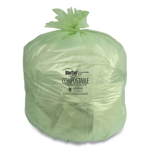 Biotuf Compostable Can Liners, 48 Gal, 0.8 Mil, 42" X 48", Green, 25 Bags/roll, 5 Rolls/carton - Image 1