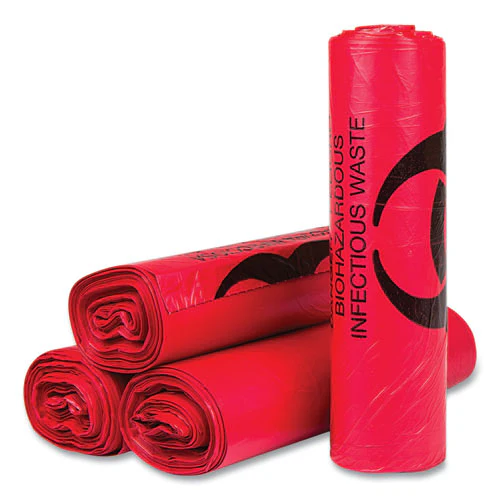 Biohazard High-density Commercial Can Liners, 33 Gal, 13 Mic, 33" X 40", Red, 25 Bags/roll, 20 Interleaved Rolls/carton - Image 1