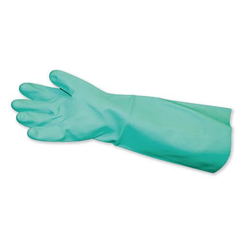 Long-sleeve Unlined Nitrile Gloves, Powder-free, Green, Medium, 12 Pair/carton - Image 1