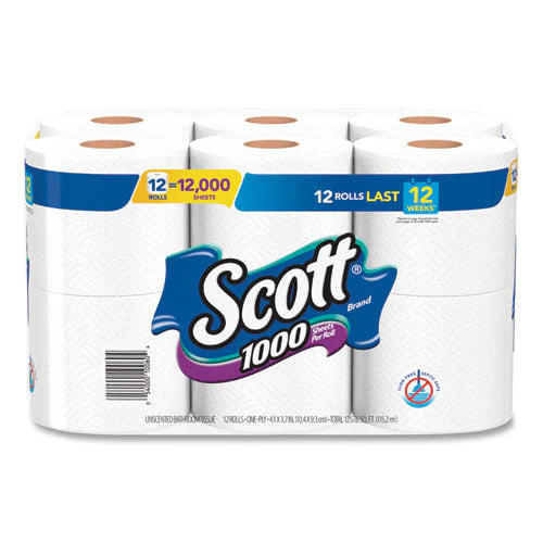 Toilet Paper, Septic Safe, 1-ply, White, 1,000 Sheets/roll, 12 Rolls/pack, 4 Pack/carton - Image 1