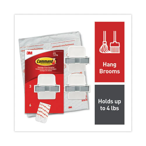 Broom Gripper, 3.12w X 1.85d X 3.34h, White/gray, 3 Grippers/6 Strips - Image 1