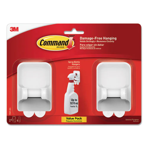 Spray Bottle Holder, 2.34w X 1.69d X 3.34h, White, 2 Hangers/4 Strips/pack - Image 1