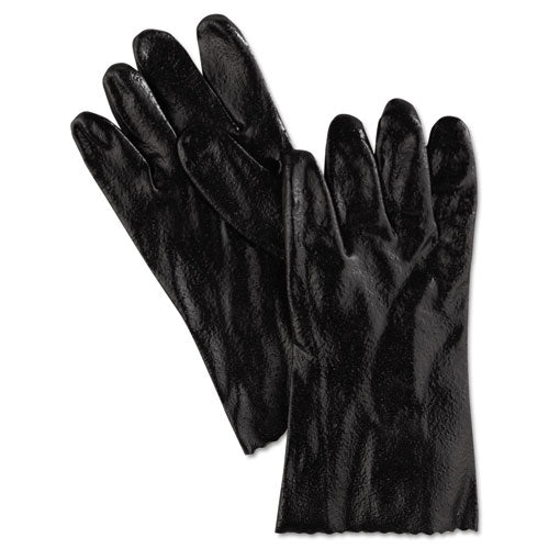 Single Dipped Pvc Gloves, Rough, Interlock Lined, 12" Long, Large, Black, 12 Pair - Image 1