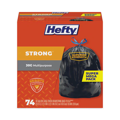 Strong Multipurpose Drawstring Trash Bags, 30 Gal, 1.1 Mil, 30" X 33", Black, 74/box, 3 Boxes/carton - Image 1