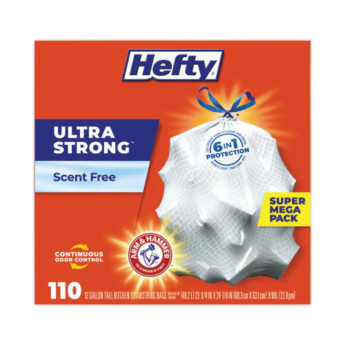 Ultra Strong Tall Kitchen And Trash Bags, 13 Gal, 0.9 Mil, 23.75" X 24.88", White, 110 Bags/box, 3 Boxes/carton - Image 1