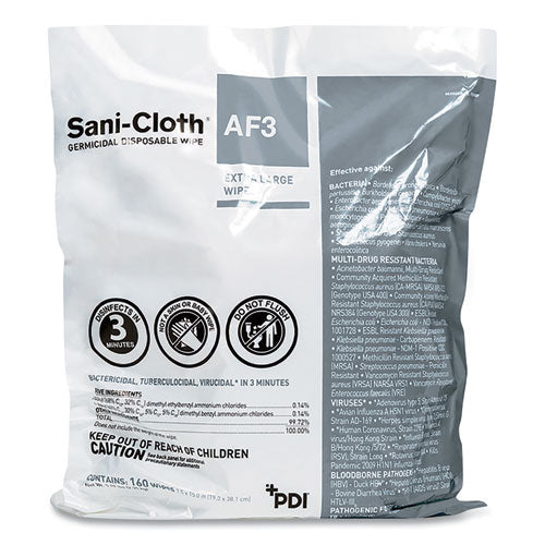 Sani-cloth Af3 Germicidal Disposable Wipe Refill, Extra-large, 1-ply, 7.5 X 15, Unscented, White, 160 Wipes/bag,2 Bags/carton - Image 1