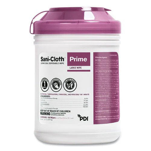 Sani-cloth Prime Germicidal Disposable Wipes, Large, 1-ply, 6 X 6.75, Unscented, White, 160/canister, 12 Canisters/carton - Image 1