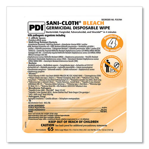 Sani-cloth Bleach Germicidal Disposable Wipes, 1-ply, 7.5 X 15, Unscented, White, 65/pack - Image 2